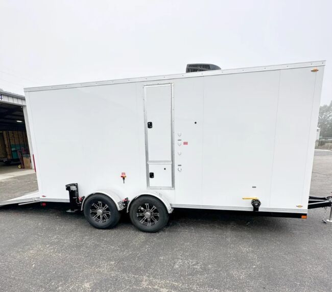 Exterior side view of ADA 3-station luxury restroom trailer with white aluminum finish, rooftop air conditioner, and dual axle wheels.