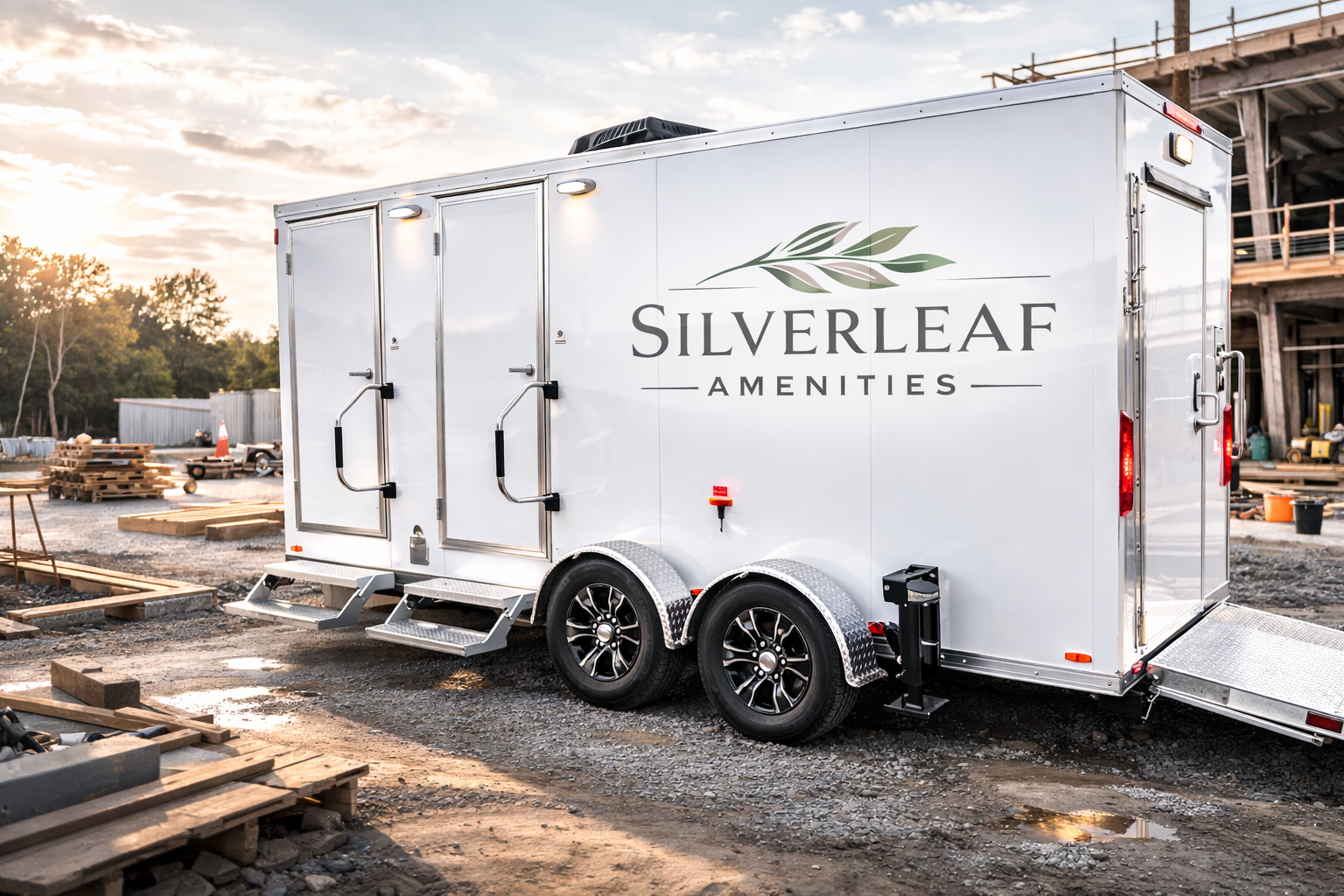Luxury restroom trailer with dual entry doors and steps placed on a raised platform at a construction site.